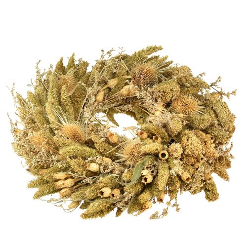 Artículo Tarjeta de corona seca cardos mijo amarillo verde oliva Ø28cm