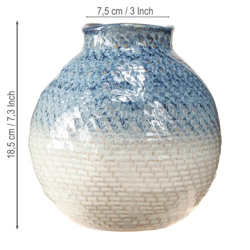 Artículo Jarrón de cerámica esmaltado azul y blanco aspecto trenzado H18,5cm
