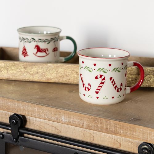 Artículo Taza navideña de cerámica roja, verde y crema (alto 9 cm, 2 unidades)