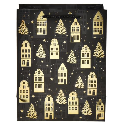 Artículo Bolsa navideña con casitas de abeto negras y doradas, 18 x 10 x 23 cm, 2 unidades