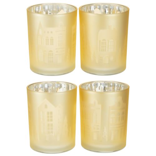 Floristik24 Farol de cristal plateado dorado con silueta de ciudad H12,5cm 4 uds