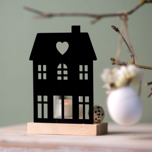 Floristik24 Casa farol de metal negro con base de madera Al.15cm 2uds
