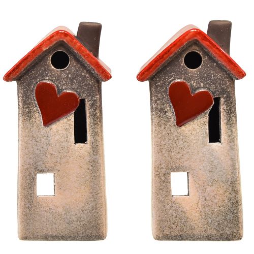 Artículo Farol de casa de cerámica con techo rojo y ventana en forma de corazón - 17,5 cm 2 piezas