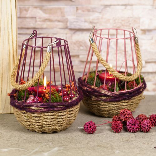 Artículo Farol con asa y cristal violeta natural Ø18cm H22cm