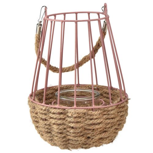 Artículo Farol con asa y vela de cristal rosa natural Ø18cm H22cm