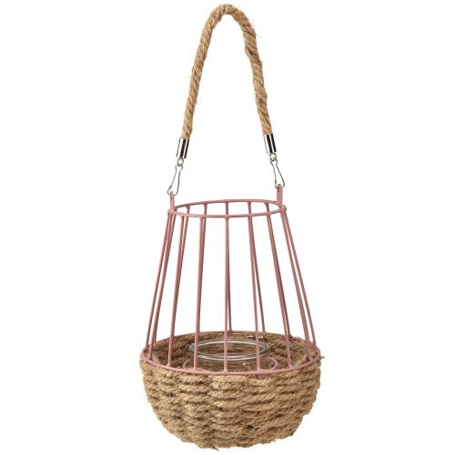 Artículo Farol con asa y vela de cristal rosa natural Ø18cm H22cm