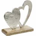 Floristik24 Corazón decorativo plateado, corazón de metal sobre madera de mango, San Valentín, decoración de mesa doble corazón