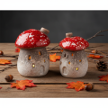 Figura decorativa de casa de hongos con faro y amanita muscaria con chimenea, 10 cm, 2 unidades. | Floristik24.es