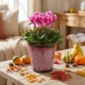 Jardinera con decoración de hojas, vasija de metal, otoño, macetero vino tinto Ø10cm H10cm | Floristik24.es