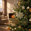 Adornos de papel para árbol de Navidad en forma de estrella, 10 cm, blanco, marrón y verde, 6 unidades | Floristik24.es