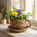 Vaso para plantar con platillo, pequeña cesta de paja para plantar, Ø17cm H13cm | Floristik24.es