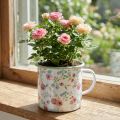 Jarrón para plantar rosas, taza decorativa de esmalte con asa, blanca, Ø9,5 cm. | Floristik24.es