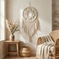 Atrapasueños de macramé para colgar en la pared, color crema, estilo bohemio, hecho a mano, 29 x 72 cm, para salón y dormitorio. | Floristik24.es
