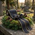 Elegante cinta de muaré para corona, 175 mm, negra con borde perlado y tejido de tafetán, cinta decorativa para floristería funeraria, cinta de lazo, 25 m | Floristik24.es