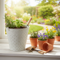 Cubo decorativo, blanqueado, con asa, Ø20,5 cm, maceta decorativa de metal. | Floristik24.es
