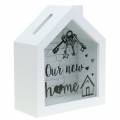 Floristik24 Caja de ahorro &quot;Our New Home&quot; madera vidrio blanco 15x7cm H18cm