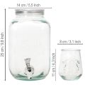 Dispensador de bebidas de vidrio reciclado con grifo y 4 vasos, 25,5 cm | Floristik24.es