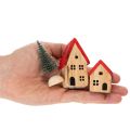 Conjunto de casitas decorativas de madera con tejados rojos y abetos, 12 cm, 6 piezas | Floristik24.es