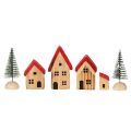 Conjunto de casitas decorativas de madera con tejados rojos y abetos, 12 cm, 6 piezas | Floristik24.es