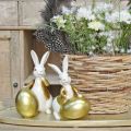 Floristik24 Conejito de Pascua blanco-dorado, decoración de Pascua, conejito decorativo con huevo Al. 16/18 cm juego de 2