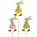 Floristik24 Conejo de madera en un palo verde, amarillo, rosa 8cm 12 piezas