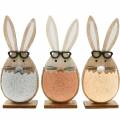 Floristik24 Conejo de madera en un huevo, decoración de primavera, conejos con gafas, conejitos de Pascua 3 piezas
