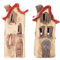 Decoración de casa de cerámica con techo rojo, casa iluminada, 15 cm, 2 piezas | Floristik24.es