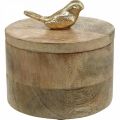 Floristik24 Joyero con pájaro, muelle, caja decorativa de madera de mango, madera natural natural, dorado H11cm Ø12cm
