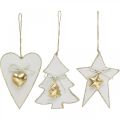 Floristik24 Colgante navideño corazón / abeto / estrella, decoración de madera, decoración de árbol con campanas blanco, dorado H14.5 / 14 / 15.5cm 3 piezas
