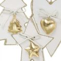 Floristik24 Colgante navideño corazón / abeto / estrella, decoración de madera, decoración de árbol con campanas blanco, dorado H14.5 / 14 / 15.5cm 3 piezas