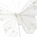 Mariposa de plumas sobre alambre blanco con purpurina 10cm 12pcs
