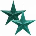 Floristik24 Estrellas brillantes para colgar esmeralda / petróleo Ø21cm 2pcs