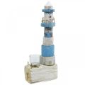 Floristik24 Faro de madera con vela de té de cristal decoración marítima azul, blanco Al. 38 cm