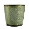 Floristik24 Jardinera con decoración de hojas, recipiente de metal para el otoño, cubo de plantas verde Ø10cm H10cm