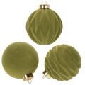 Floristik24 Adornos para árbol de Navidad, aspecto aterciopelado, verde, mezcla texturizada, 8 cm, 12 piezas, adornos navideños flocados, verde musgo, adornos de plástico, flocados verde musgo, cordones de algodón incluidos para cada adorno.