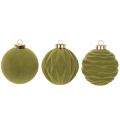 Adornos para árbol de Navidad, aspecto aterciopelado, verde, mezcla texturizada, 8 cm, 12 piezas, adornos navideños flocados, verde musgo, adornos de plástico, flocados verde musgo, cordones de algodón incluidos para cada adorno. | Floristik24.es