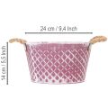 Bol de zinc con forma de diamante y asas de cuerda, acabado en violeta/blanco lavado, Ø24,5 cm, H14 cm | Floristik24.es