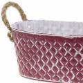 Floristik24 Cuenco de zinc ovalado diamante con asas de cuerda violeta blanco lavado 24cm H10cm